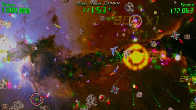 See what I mean about the background? It renders even the screenshots incomprehensible. You know, Asteroids didn't need that shit. If you couldn't see what you were doing in Asteroids, would it have been one of the biggest games ever?  I think the answer is no.