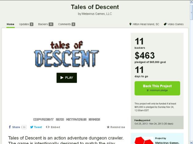  Tales of Descent also doesn't look like it will reach its goal, though I've heard from friends and readers that might be because the demo was underwhelming at best. Still, I appreciated the realistic rewards, all of which come at no cost to the developer. Though really, development streams are the types of things anyone should have access to when promoting your game. They shouldn't be held for ransom when they're promotional in nature. Click the image for the full pitch.
